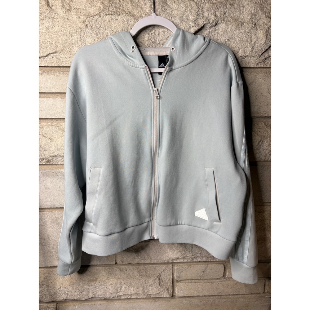 Adidas Light Blue Full Zip Tonal 3-Stripe Cropped Hoodie IB8512 Womens Large
